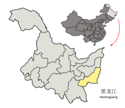 Location of Jixi City (yellow) in Heilongjiang (light grey) and China
