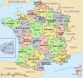 (français) Départements (numérotés) et régions de France avant 01/01/2016 (nommées et colorisées) [regions named/colored]
