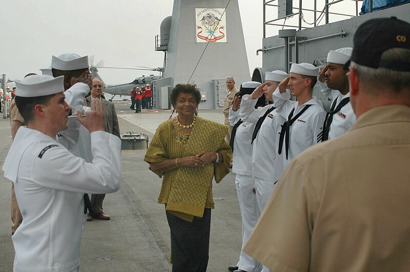 File:US Navy 060117-N-8637R-006 The newly elected president of Liberia, Ellen Johnson-Sirleaf is piped aboard the U.S. Navy's Sixth Fleet command and control ship USS Mount Whitney (LCC 20) during official arrival honors.jpg