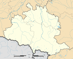 Mapa konturowa Ariège, na dole po prawej znajduje się punkt z opisem „Ax-les-Thermes”