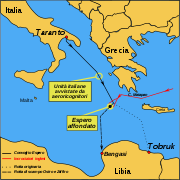 Skisse av Maltas plassering i Middelhavet, det var bare om lag 100 kilometer til Sicilia, med tyske og italienske jager- og bombefly