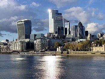 City of London skyline, with the sun glistening against skyscraper windows