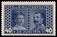 The bluish-tinted stamp shows Sophia, duchess of Hohenberg on the left, and Franz Ferdinand on the right. The stamp is titled "Militärpost" ("Military Mail") at the top, and the date of the couple's deaths at the bottom.