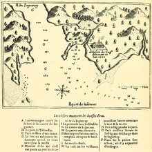 Gravure représentant Tadoussac et son poste de traite cartographié par Samuel de Champlain en 1615.