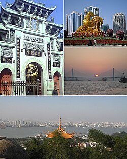 Dari atas : Kuil Zhengguo, Lapangan Renmin, Jembatan Queshi, Shantou sekilas.