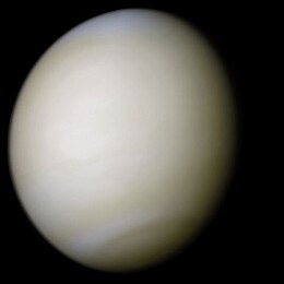 Venus in approximately true colour, a nearly uniform pale cream, although the image has been processed to bring out details.[۱] The planet's disc is about three-quarters illuminated. Almost no variation or detail can be seen in the clouds.