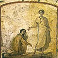 Christ en thaumaturge : Jésus guérissant une femme hémorragique.Catacombes de Rome, deuxième quart du IVe siècle.