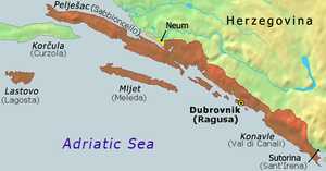 1426년부터 라구사 공화국의 국경(1718년까지 "네움"으로 표시된 지역 포함)