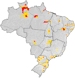 Mapa do Brasil com a localização das regiões metropolitanas (em vermelho o núcleo da RM e em amarelo os outros membros da RM).