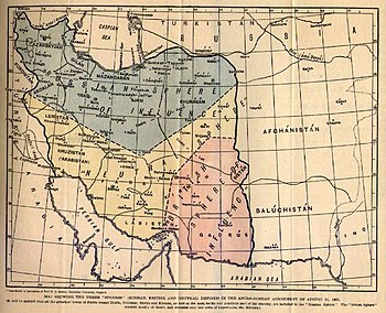 Karte der Teilung Persiens in russische und britische Einflusszonen durch den Vertrag von St. Petersburg