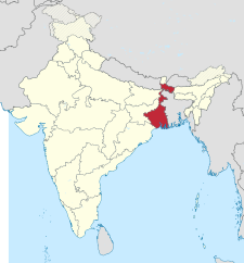 Map of India with the location of পশ্চিমবঙ্গ চিহ্নিত