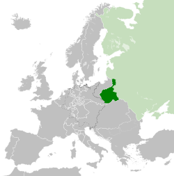 คองเกรสโปแลนด์ในประมาณ ค.ศ. 1815 ภายหลังการประชุมใหญ่แห่งเวียนนา สีเขียวอ่อนคือจักรวรรดิรัสเซีย