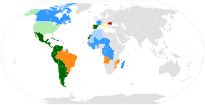 World map showing countries where a Romance language is the primary or official language