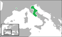 نقشه ایالات پاپی (سبز) در ۱۷۰۰ (در بیش‌ترین وسعت آن), شامل برون بوم بنونتو و پونتکوروو در ایتالیای جنوبی، و Comtat Venaissin و آوینیون در جنوب فرانسه.