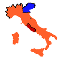 Аб'яднаная Італія ў 1861 годзе. Венецыя пад кантролем Аўстрыйскай імперыі, Папская вобласць незалежная.