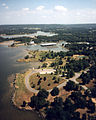 Aerial view upriver from lock and dam