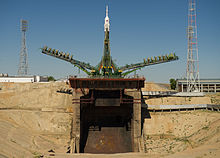 Soyuz TMA-05M rocket at the launch pad at the Baikonur Cosmodrome.jpg