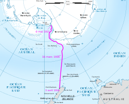 Carte montrant la dérive du navire de la mer de Ross à la Nouvelle-Zélande.