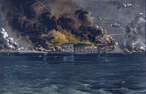 Artwork depicting a battle scene with a stone fort at center surrounded by water. The fort is on fire and shells explode in the air above it.