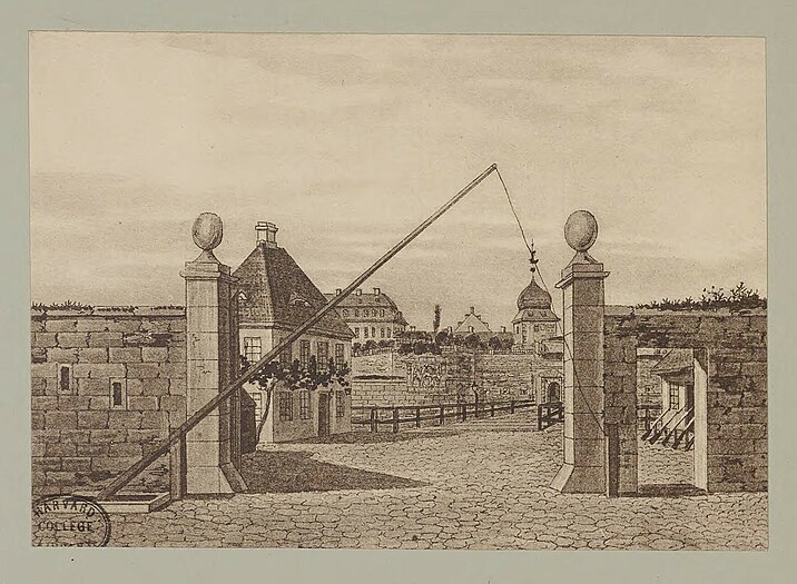 Dresdens Festungswerke im Jahre 1811 - Das Wilsdruffer Thor, die Brücke, das Accishauß mit dem daran befindlichen Weinstocke und die äußere Barrière, von der Vorstadt aus seitwärts hereingesehen.
