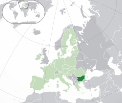 Location o  Bulgarie  (dark green) – on the European continent  (green & dark grey) – in the European Union  (green)  —  [Legend]
