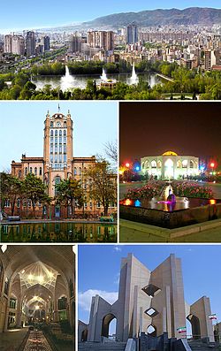 從上順時針方向：城內天際線、大不里士拱門（英语：Arg of Tabriz）、詩人之墓（英语：Maqbaratoshoara）、大不里士市集區及大不里市市府（英语：Tabriz Municipality Palace）