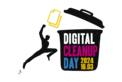 Logo des Aktionstages: Zeichnung einer großen geöffneten Mülltonne mit der Aufschrift „englisch Digital Cleanup Day 16.03.2024“, in die eine springende Figur digitale Dokumente, angedeutet durch zwei englisch Icons, hineinwirft