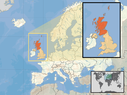Location of  സ്കോട്ട്‌ലൻഡ്  (inset - orange) in the United Kingdom (camel) in the European continent  (white)