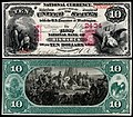 A National Currency National Bank Note első, 1872-es sorozatába tartozó, a "First National Bank of Bismarck, North Dakota" (Charter 2434) által 1872-ben kibocsátott 10 dolláros bankjegy. Hátoldali kép: "De Soto discovering the Mississippi".