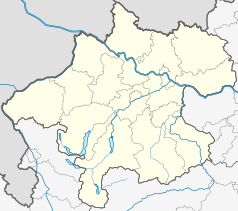 Mapa konturowa Górnej Austrii, na dole nieco na lewo znajduje się punkt z opisem „St. Wolfgang im SalzkammergutSankt Wolfgang im Salzkammergut”