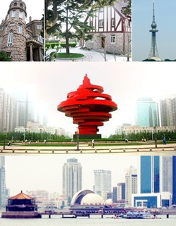 Clockwise from top left: A Stone building in Ba Da Guan, A house in the old section of Qingdao, Qingdao TV Tower, May Fourth Square and Zhan Qiao Pier, 4 May Square