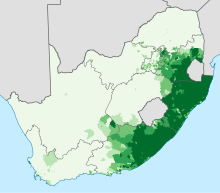 Proporció de població que parla una llengua nguni a la llar.   0–20%   20–40%   40–60%   60–80%   80–100%