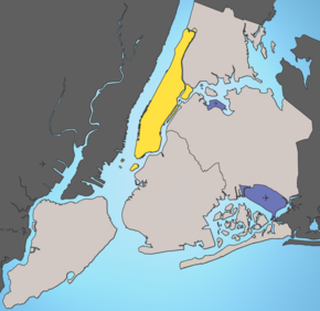 Cartierul Manhattan (în engleză, The Borough of Manhattan), colorat în galben, se găsește între Râul de Est și Râul Hudson.