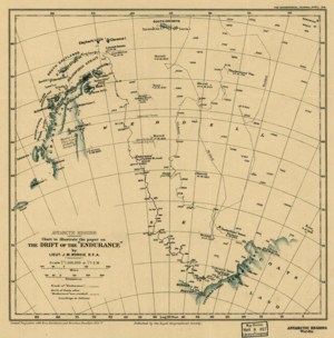 Old chart showing incomplete Antarctia coastline. The chart indicates the line of “Endurances” 1915 drift, also the earlier drift of Filchners “Deutschland” and the line of James Weddells 1823 voyage