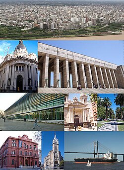 Clockwise from top: the National Flag Memorial's tower and propylaeum, aerial view of the city, Rosario-Victoria Bridge and the Palacio de los Leones.