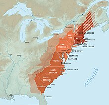 Map of the U.S. showing the original Thirteen Colonies along the [eastern seaboard