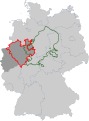 Roheline piirjoon: Vestfaali kuningriik (1807–1813) Punane piirjoon: Vestfaali provints (1815–1946) Tume taust: Nordrhein-Westfalen (1946–tänapäev)