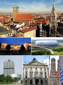从上順時針：慕尼黑鳥瞰、安联竞技场、聖母主教座堂與巴伐利亞州旗、正義宮、寶馬公司總部大廈、特蕾西婭草坪前方的名人堂和巴伐利亞雕像