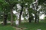A temető látképe a bejárattól, előtérben a II. világháborúban elesettek emléksírjával[347]
