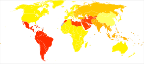 Color coded map displaying caries experience throughout the world.