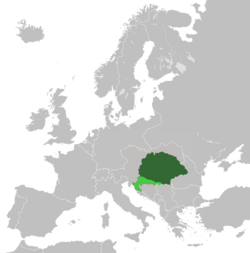 Kerajaan Hungaria (hijau tua) dan Kroasia-Slavonia (hijau muda) di dalam Austria-Hungaria pada 1914