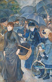 Umbrele, de Pierre Auguste-Renoir. Renoir a folosit albastru de cobalt pentru partea dreaptă a imaginii, dar a utilizat noul ultramarin sintetic introdus în anii 1870, când a adăugat două figuri câțiva ani mai târziu în partea stângă a imaginii.