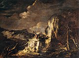 Скалистый пейзаж с охотником и воинами. Ок. 1670. Холст, масло. Лувр, Париж