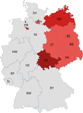 Lyserødt: Delstater hvor die Linke er representert i delstatsforsamlingen. Mørkere rødt: Brandenburg hvor partiet er representert i delstatsregjeringen. Mørkerødt Thüringen hvor partiet har regjeringssjef (Desember 2014)