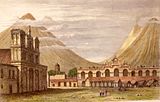 Pintura del parque central cola Parroquia de San José y tendeyones improvisaos pa les columnes esmarranaes del Palaciu de los Capitanes Xenerales; 1840.