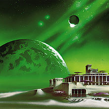 Painting of a green planet rising in the horizon behind a classical-style building on an alien moonscape.