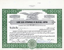 Akcja założycielska nr 1 Sammy Davis Enterprises of Delaware, Ltd. na 6 udziałów po 100 USD każdy, wyemitowana 25 marca 1965 r., zarejestrowana na Sammy’ego Davisa Jr. i nosząca jego odręczny podpis jako prezesa. Kapitał zakładowy jego firmy produkcyjnej wynosił 10 000 USD.