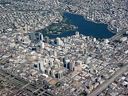 Aerial view of downtown Oakland and Lake Merritt