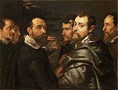 Автопортрет с кругом друзей из Вероны. 1602—1604, масло, холст. 77,5 × 161 см. Кёльн, Музей Вальрафа-Рихарца