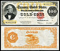 1922-es szériájú, aranyérmékre váltható Gold Cerificate 100 dolláros államjegy, sárga, goldback hátoldallal.